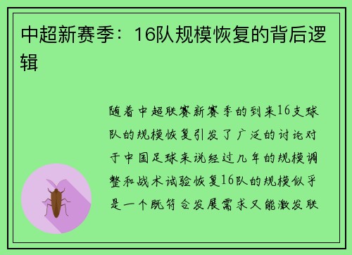 中超新赛季：16队规模恢复的背后逻辑